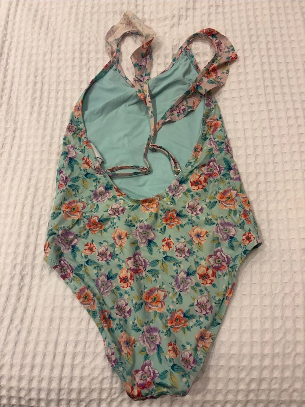 Little Girls' Aqua Floral One-Piece Swimsuit with Ruffle Straps
